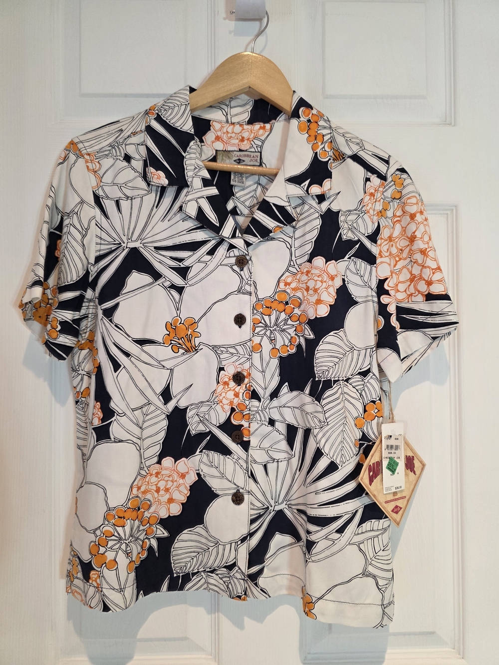 VTG Caribbean Joe Womens Short Sleeve Floral Button Down White New With Tags